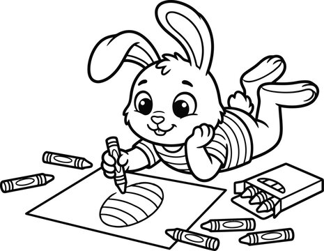 Cute bunny coloring an Easter egg with crayons line art vector