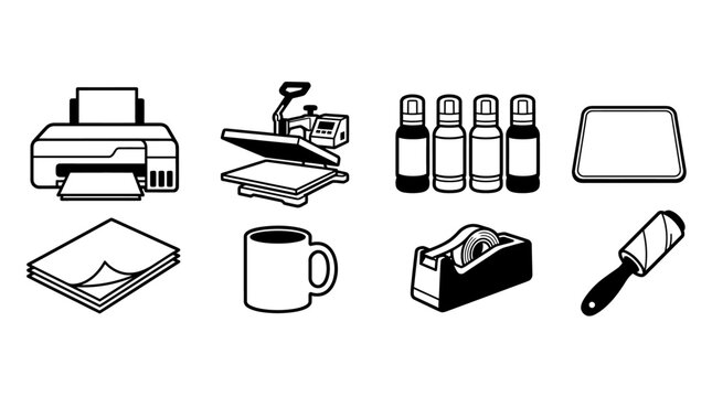 office supplies icons set including printer scanner notepad glue tape bottles mug paper stack and more for stationery and workplace themes