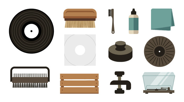 Collection of grooming and cleaning tools including brushes, wipes, sprays, and a turntable for hair or makeup styling, on a white background, flat design