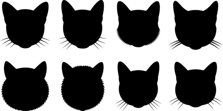 Eight different cat face silhouettes with various whisker styles and fur textures