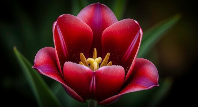 Close-up of a vibrant red tulip flower with yellow stamens, petals displaying deep magenta tones
