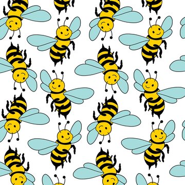A delightful seamless pattern featuring an adorable cartoon bee character with blue wings set against a clean white background, perfect for children's products and whimsical designs
