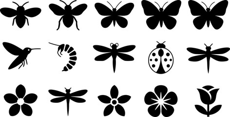 Insects and flowers silhouettes in black on white background vector graphics © SAYEDAJANNATUL