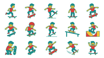 Fototapeta premium Corporate Set of Skateboarding Characters Performing Various Tricks in Bright Colors with high quality professional line art symbols for modern creative design and digital branding projects