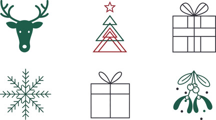 Minimalist Christmas icons set reindeer tree gifts snowflake and mistletoe. © JUWEL