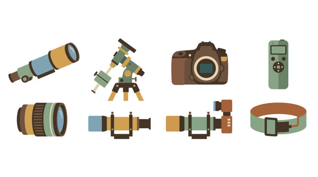 Collection of telescopes cameras binoculars and accessories for astronomy and stargazing, equipment for outdoor viewing, ideal for hobbyists and nature enthusiasts