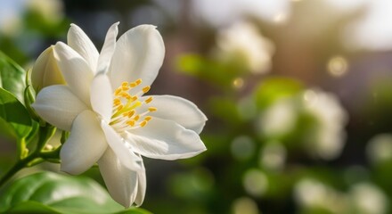 Fototapeta premium Close-up of a white jasmine flower with yellow stamens, green leaves and soft bokeh background light