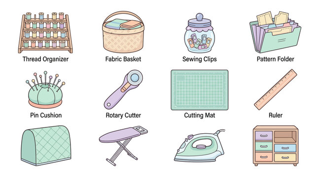Illustration of sewing and crafting supplies including thread organizer fabric basket sewing clips pattern folder pin cushion rotary cutter cutting mat ruler for sewing and quilting