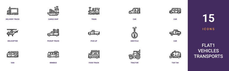 Set of 15 outline web Flat1 Vehicles Transports icons such as Tuk tuk, tractor, food truck, minibus, van, car, unicycle vector icons for report, presentation, diagram, web design, mobile app © Nijat