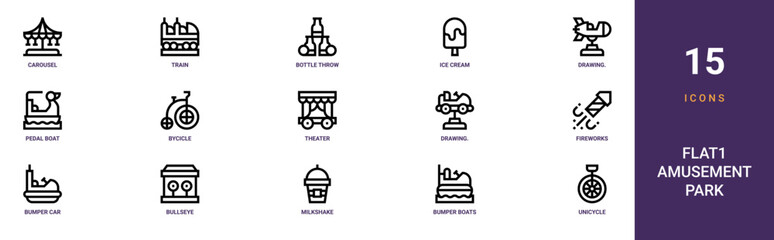 Set of 15 outline web Flat1 Amusement Park icons such as unicycle, bumper boats, milkshake, bullseye, bumper car, fireworks, drawing. Illustration from amusement park collection.. vector icons for © Nijat