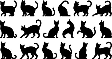Set of black cat silhouettes in various poses on white background © SAYEDAJANNATUL