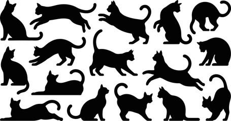 Set of black cat silhouettes in various poses on white background © SAYEDAJANNATUL