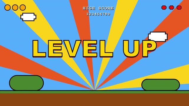 Retro 8-Bit Game Level Up Animation with Sunburst Background