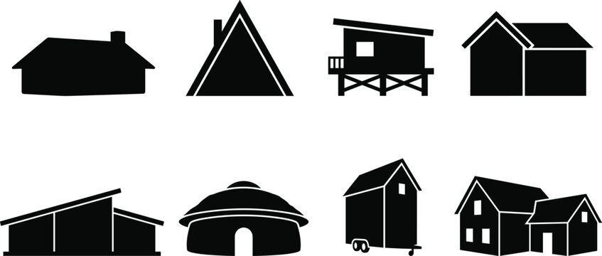 Collection of diverse house and cabin architectural styles silhouette icons isolated on a white background