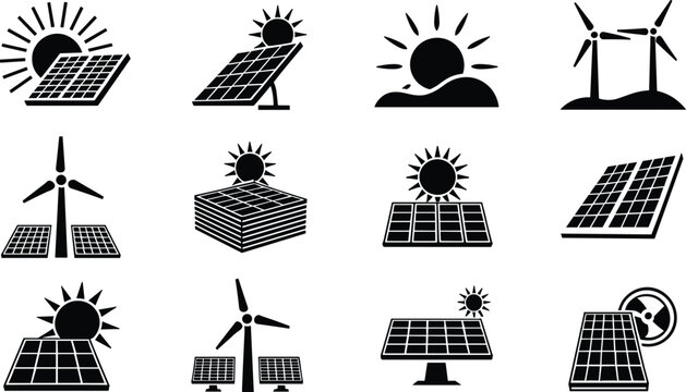 Renewable energy icon set featuring solar panels, wind turbines, and sun symbols