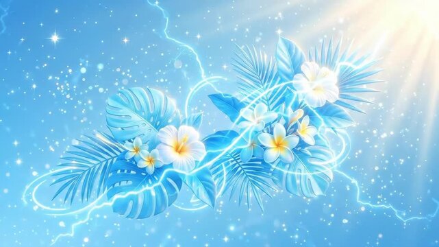 White hibiscus flowers surrounded by blue tropical leaves with sparkling sunlight rays. Summer paradise and exotic vacation concept. Tropical foliage illustration for beach themes