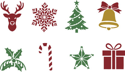 Festive holiday icons collection reindeer snowflake tree and Christmas decorations © JUWEL