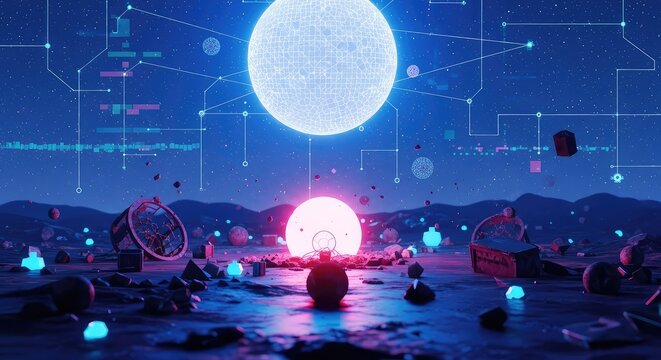 Vibrant lunarpunk landscape with a luminous sphere, geometric shapes and rusty debris under a solarizing sky showing digital connection, imagination, fusion, lunarpunk