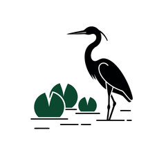 Obraz premium Heron Near Floating Lily Leaves Silhouette