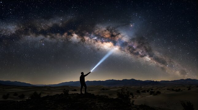 Silhouette of a person holding a flashlight pointing at the milky way