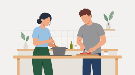 Fototapeta premium Couple cooking together in a modern kitchen, preparing a healthy meal