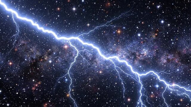 Dramatic Lightning Storms Over Starry Night Sky.