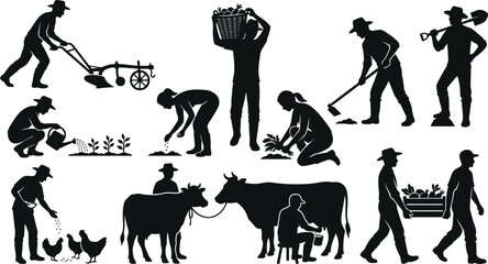 Organic micro farming silhouette collection featuring rural homesteaders digging fields with shovels watering young sprouts and carrying wooden crates © MD