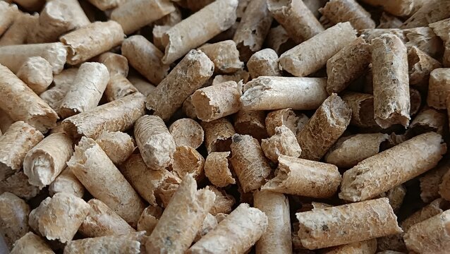 Macro texture of compressed wood pellets, eco-friendly biomass fuel background for heating boilers.