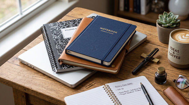 School supplies with laptop and notebooks. Educational tools and stationery.