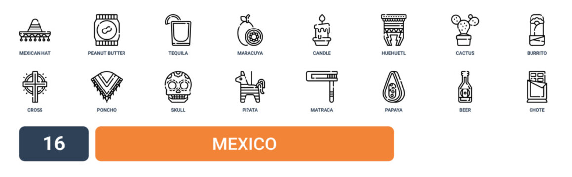 Set of 16 outline web Mexico icons such as chote, beer, papaya, matraca, pi?ata, skull, poncho vector icons for report, presentation, diagram, web design, mobile app