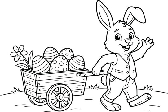 Easter bunny pulling wooden wagon with eggs coloring page line art