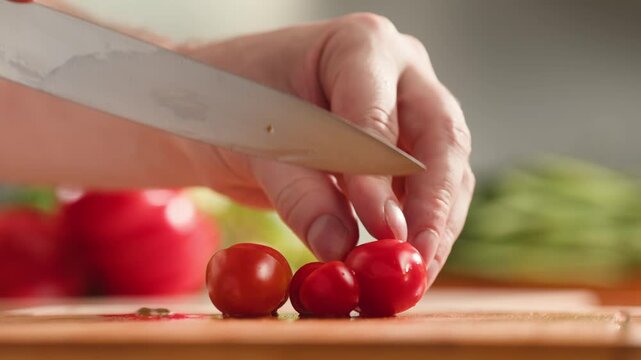 Chop tomato close up, Diced kumato tomatoes on a cutting board for Italian sauce, chef cut tomatoes with knife. 