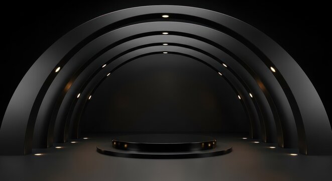 Dark minimalist stage features a central circular platform framed by nested glowing arches.