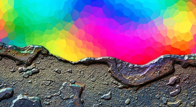 A vibrant, pixelated rainbow-colored abstract art piece with a metallic edge