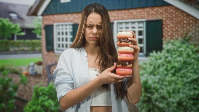 Woman holding a tall stack of donuts with a frown, hands supporting the tower in front of a building; disgust temptation conflict.