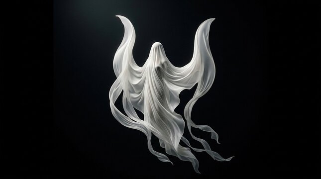 Floating white fabric ghost entity soaring in dark space with dynamic flowing trails of silk cloth artistic concept of ethereal soul ascending toward soft light beam.