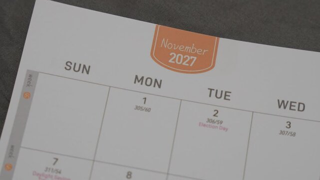 November 2027 planner page with slow right camera movement for annual scheduling and calendar planning concept