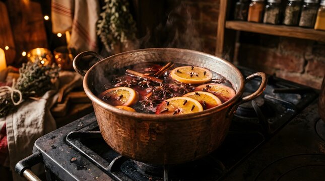 Traditional Mulled Wine Simmering in a Copper Pot on a Rustic Stove