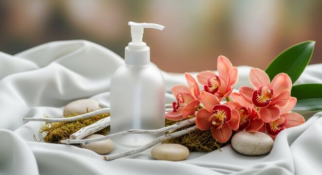Frosted Skincare Pump Bottle with Coral Orchid Flowers and Spa Stones