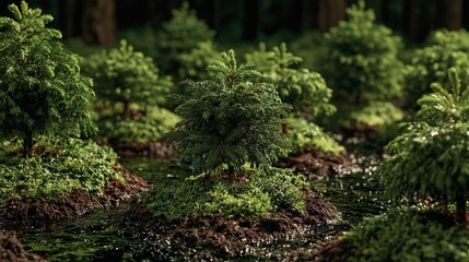 Fototapeta premium Young fir trees growing on mossy mounds beside forest stream