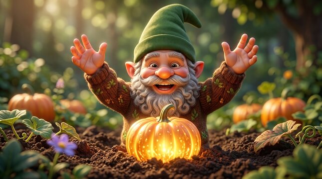 Excited gnome celebrating in glowing pumpkin patch