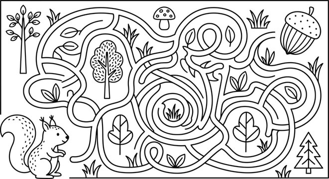 Maze puzzle game coloring page help the cute squirrel find an acorn