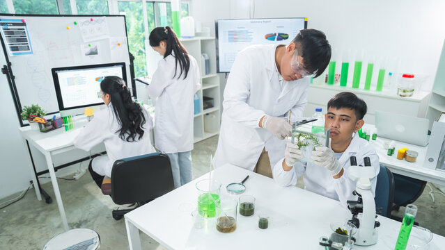Laboratory scientist student microscope beaker plant research white coat experiment science, focused young adult team studies seedling sample in modern classroom with glassware