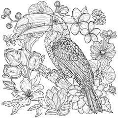 Obraz premium Toucan and flowers.Coloring book antistress for children and adults. 