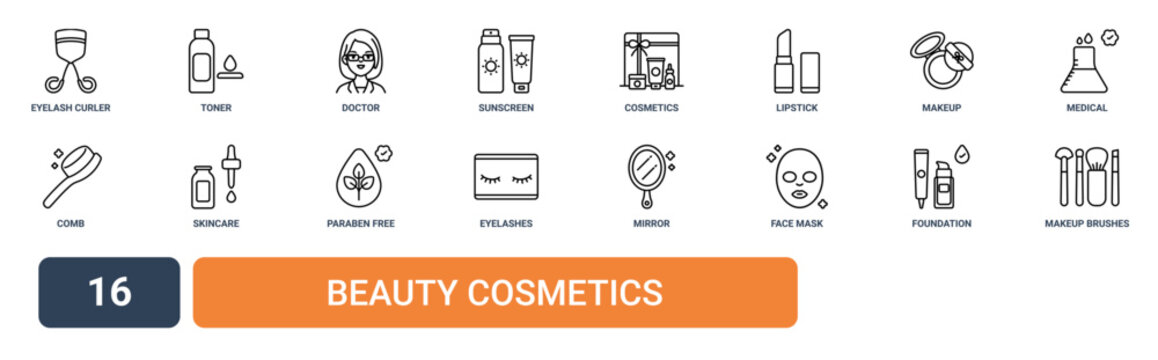 Set of 16 outline web Beauty Cosmetics icons such as makeup brushes, foundation, face mask, mirror, eyelashes, paraben free, skincare vector icons for report, presentation, diagram, web design,