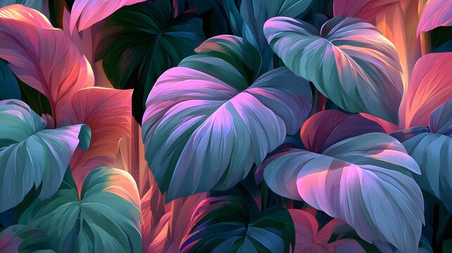 Abstract illustration of tropical leaves showcasing a vibrant gradient of colors from pink and purple to green and blue, creating a fantastical and dreamy botanical pattern