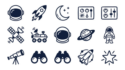 Obraz premium Modern Black and White Space Exploration Icon Set Featuring Astronauts Rockets Telescopes and Planets