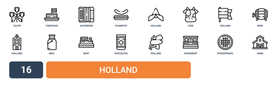 Set of 16 outline web Holland icons such as farm, stroopwafel, houseboat, holland, speculoos, boat, milk vector icons for report, presentation, diagram, web design, mobile app