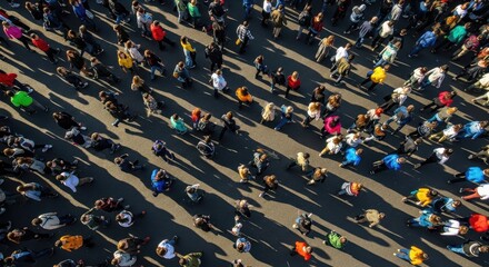 Fototapeta premium High Angle Top Down View of Diverse People Walking on Asphalt Road with Dramatic Long Shadows During Golden Hour