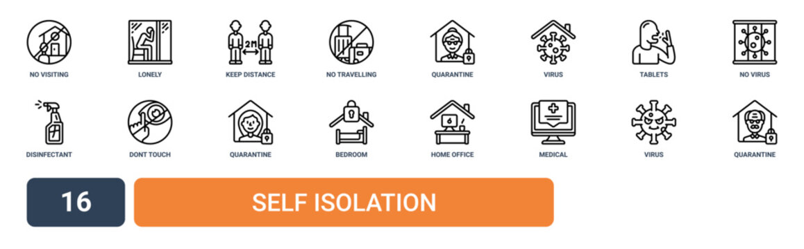 Set of 16 outline web Self Isolation icons such as quarantine, virus, medical assistance, home office, bedroom, quarantine, dont touch vector icons for report, presentation, diagram, web design,